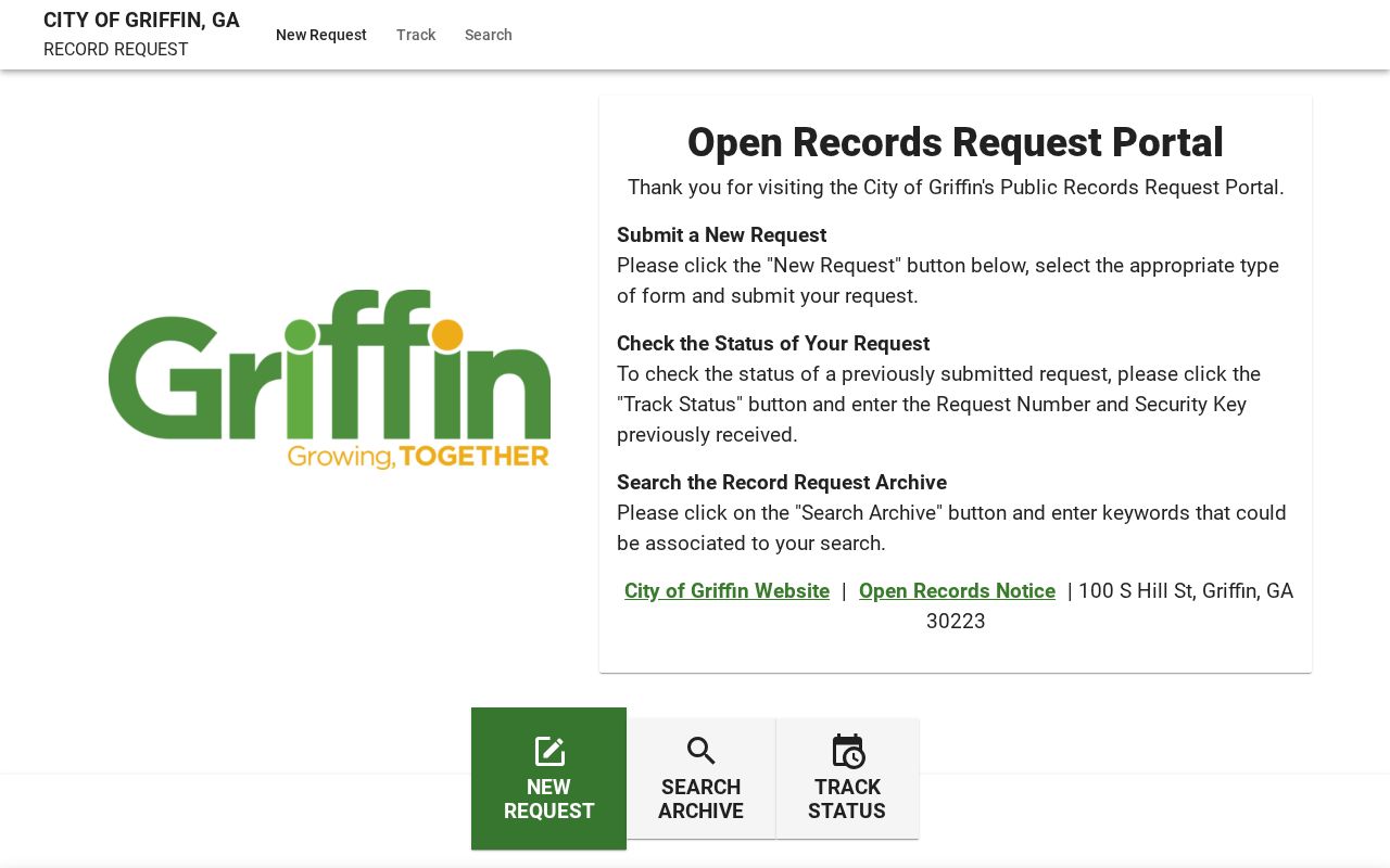 Griffin public records request screen in JustFOIA